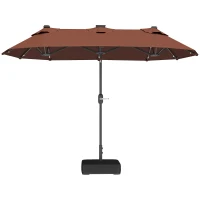 Outsunny Double-sided Outdoor Patio Umbrella with Solar Lights and Base, Dining Table Umbrella Push Button Tilt, Coffee(m-1)