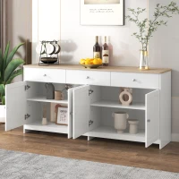 Modern Sideboard Buffet Cabinet with 3 Drawers and 4 Doors, Rustic Storage with Adjustable Shelves, 55'' L x 14.5'' W x 29.5'' H, White+Wood(m-5)