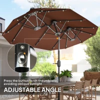 Outsunny Double-sided Outdoor Patio Umbrella with Solar Lights and Base, Dining Table Umbrella Push Button Tilt, Coffee(m-5)