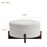 Round Storage Ottoman with Storage and Wood Legs, Versatile Coffee Table with Tufted Upholstered Top, 32'' L x 32'' W x 18'' H, Soft White(m-3)