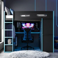 Full Size Wood Loft Bed with USB Port and Ample Storage, Gamer-Inspired Bed Frame with Built-In Desk, 78.5'' L x 56.5'' W x 65'' H, Blue(m-1)