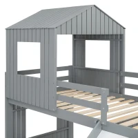 Wooden Twin-Over-Full Bunk Bed with Integrated 3-Step Ladder and Guardrails, Playhouse Loft Bed with Slide, 82'' L x 89'' W x 82.5'' H, Gray(m-5)
