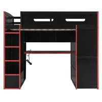Full Size Wood Loft Bed with Built-In Desk and Gaming Station, Sturdy Bed Frame for Gamers and Multitaskers, 78.5'' L x 56.5'' W x 65'' H, Red(m-10)