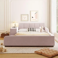 Full Size Upholstered Bed with Built-in Bedside Desk and Round Stool, Solid Bedboard with Plywood & MDF Frame, 80'' L x 68'' W x 29'' H, Pink(m-1)