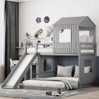 Wooden Twin-Over-Full Bunk Bed with Integrated 3-Step Ladder and Guardrails, Playhouse Loft Bed with Slide, 82'' L x 89'' W x 82.5'' H, Gray(m-1)