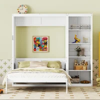 Queen Size Murphy Wall Bed with Reversible Shelf and Flexible Slat, Fold-Away Cabinet with 5-Tier Storage, 94'' L x 82'' W x 88.5'' H, White(m-1)