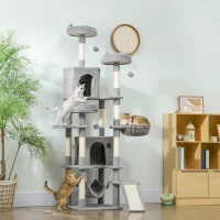 PawHut 76" Large Cat Tree for Indoor Cats with 8 Scratching Posts, 3 Plush Beds, 2 Hammocks, 2 Large Condos, Ramp, Light Grey(m-8)