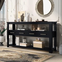 Large Entryway Console with 4 Drawers and 3-Tier Shelves, Sturdy Table with Metal Handlesand Adjustable Feet, 62'' L x 14'' W x 32'' H, Black(m-1)
