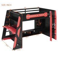 Full Size Wood Loft Bed with Multi-Tier Storage Shelves, Esports-Style Bed Frame with Integrated Side Desk, 93.5'' L x 55.5'' W x 65'' H, Red(m-3)