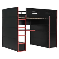 Full Size Wood Loft Bed with Built-In Desk and Gaming Station, Sturdy Bed Frame for Gamers and Multitaskers, 78.5'' L x 56.5'' W x 65'' H, Red(m-11)