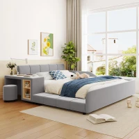 Queen Size Upholstered Bed with Built-In Bedside Desk and Round Stool, Solid Bedboard with Sturdy MDF Frame, 85'' L x 73'' W x 29'' H, Gray(m-1)