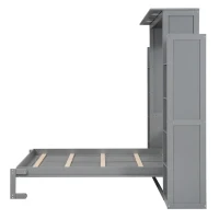Full Size Murphy Bed with Shelves, LED Lights, Space-Saving Wall Bed with Flexible Slats, Dual Piston Mechanism, 91" L x 81" W x 84" H, Grey(m-12)