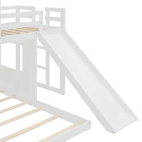 Twin-Over-Full Playhouse Bunk Bed Loft with Slide and 3-Step Ladder, Farmhouse Bed Frame with Guardrails, 82'' L x 89'' W x 82.5'' H, White(m-6)