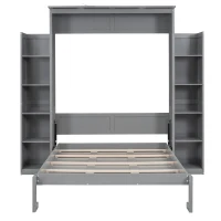 Full Size Murphy Bed with Shelves, LED Lights, Space-Saving Wall Bed with Flexible Slats, Dual Piston Mechanism, 91" L x 81" W x 84" H, Grey(m-2)