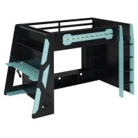Full Size Wood Loft Bed with Integrated Desk and RGB Lighting, Esports-Style Bed with Multi-Tier Shelves, 93.5'' L x 55.5'' W x 65'' H, Blue(m-2)