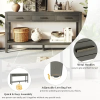 Farmhouse Entryway Table with Wide Top and Open Bottom Shelf, Minimalist Console with Adjustable Feet, 59'' L x 14'' W x 31.5'' H, Gray(m-5)
