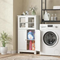 kleankin Bathroom Floor Storage Cabinet with Tempered Glass Doors and Adjustable Shelf, Kitchen Cupboard, Free Standing Organizer for Living Room Entryway, White(m-9)