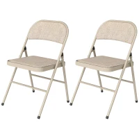 HOMCOM Set of 2 Metal Foldable Chairs, Linen Fabric Padded Folding Chairs with Cushion Seat and Open Back for Indoor, Beige(m-2)