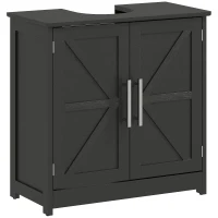 HOMCOM Farmhouse Pedestal Sink Storage Cabinet, Bathroom Sink Cabinet with 2 Barn Doors and Adjustable Shelf, Distressed Black(m-11)