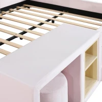 Full Size Upholstered Bed with Built-in Bedside Desk and Round Stool, Solid Bedboard with Plywood & MDF Frame, 80'' L x 68'' W x 29'' H, Pink(m-6)