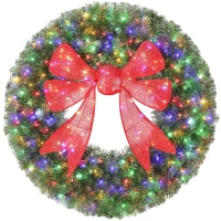 HOMCOM 60in Pre-Lit Christmas Wreath with 3D Red Bow, 11 Lighting Modes, Front Door Christmas Wreath with Remote(m-1)