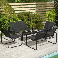 Outsunny 4 Piece Patio Furniture Set, Outdoor Conversation Set with 2 Loveseats, 2 Armchairs, Glass-Top Table, Black(m-10)