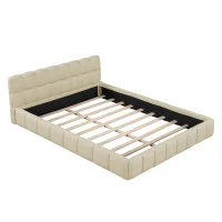 Queen Size Upholstered Bed with MDF & Particleboard Frame, Low-Profile Grounded Bed with Wooden Slats, 87.5'' L x 66.5'' W x 23.5'' H, Beige(m-7)