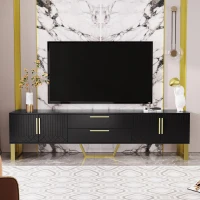 Modern TV Cabinet with Centre Drawers and Internal Shelves, Floor-Standing Console with Cable Management, 67'' L x 15.5'' W x 20.5'' H, Black(m-4)