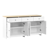 Modern Sideboard Buffet Cabinet with 3 Drawers and 4 Doors, Rustic Storage with Adjustable Shelves, 55'' L x 14.5'' W x 29.5'' H, White+Wood(m-11)