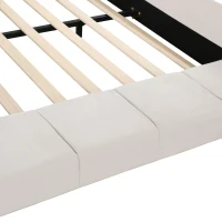 Queen Size Upholstered Bed with Built-In Bedside Desk and Round Stool, Solid Bedboard with Sturdy MDF Frame, 85'' L x 73'' W x 29'' H, Beige(m-5)