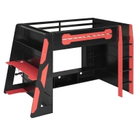 Full Size Wood Loft Bed with Multi-Tier Storage Shelves, Esports-Style Bed Frame with Integrated Side Desk, 93.5'' L x 55.5'' W x 65'' H, Red(m-2)