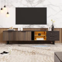 Modern TV Cabinet with 2 Doors, Drawers and Open Shelves, Stylish Storage Cabinet with LED Lighting, 78.5'' L x 20'' W x 15'' H, Black+Wood(m-5)