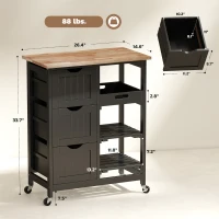 HOMCOM Rolling Kitchen Cart, Kitchen Island with Wood Top, Shelves & Drawers for Dining Area, Black(m-3)