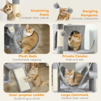PawHut 76" Large Cat Tree for Indoor Cats with 8 Scratching Posts, 3 Plush Beds, 2 Hammocks, 2 Large Condos, Ramp, Light Grey(m-5)