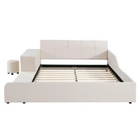Queen Size Upholstered Bed with Built-In Bedside Desk and Round Stool, Solid Bedboard with Sturdy MDF Frame, 85'' L x 73'' W x 29'' H, Beige(m-12)
