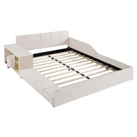 Queen Size Upholstered Bed with Built-In Bedside Desk and Round Stool, Solid Bedboard with Sturdy MDF Frame, 85'' L x 73'' W x 29'' H, Beige(m-2)