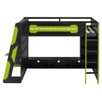 Full Size Wood Loft Bed with Under-Bed Console Storage, Esports-Style Bed Frame with Integrated Work Desk, 93.5'' L x 55.5'' W x 65'' H, Green(m-11)