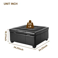 Large Ottoman with Upholstered PU Leather and High‑Density Foam, Modern Coffee Table with Storage, 34'' L x 34'' W x 18.5'' H, Chocolate(m-3)