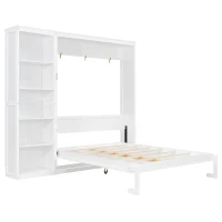 Queen Size Murphy Wall Bed with Reversible Shelf and Flexible Slat, Fold-Away Cabinet with 5-Tier Storage, 94'' L x 82'' W x 88.5'' H, White(m-2)