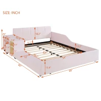 Full Size Upholstered Bed with Built-in Bedside Desk and Round Stool, Solid Bedboard with Plywood & MDF Frame, 80'' L x 68'' W x 29'' H, Pink(m-3)