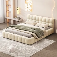 Queen Size Upholstered Bed with MDF & Particleboard Frame, Low-Profile Grounded Bed with Wooden Slats, 87.5'' L x 66.5'' W x 23.5'' H, Beige(m-4)