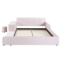 Queen Size Upholstered Platform Bed with Bedside Desk and Round Stool, Low-Profile Bed with Safety Rails, 85'' L x 73'' W x 29'' H, Pink(m-9)
