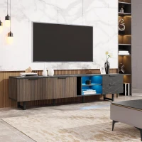 Modern TV Cabinet with 2 Doors, Drawers and Open Shelves, Stylish Storage Cabinet with LED Lighting, 78.5'' L x 20'' W x 15'' H, Black+Wood(m-6)