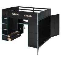 Full Size Wood Loft Bed with USB Port and Ample Storage, Gamer-Inspired Bed Frame with Built-In Desk, 78.5'' L x 56.5'' W x 65'' H, Blue(m-10)