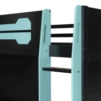 Full Size Wood Loft Bed with Integrated Desk and RGB Lighting, Esports-Style Bed with Multi-Tier Shelves, 93.5'' L x 55.5'' W x 65'' H, Blue(m-8)