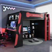 Full Size Wood Loft Bed with Multi-Tier Storage Shelves, Esports-Style Bed Frame with Integrated Side Desk, 93.5'' L x 55.5'' W x 65'' H, Red(m-1)