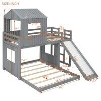 Wooden Twin-Over-Full Bunk Bed with Integrated 3-Step Ladder and Guardrails, Playhouse Loft Bed with Slide, 82'' L x 89'' W x 82.5'' H, Gray(m-3)