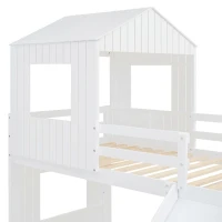 Twin-Over-Full Playhouse Bunk Bed Loft with Slide and 3-Step Ladder, Farmhouse Bed Frame with Guardrails, 82'' L x 89'' W x 82.5'' H, White(m-5)