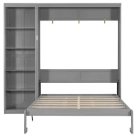 Queen Size Murphy Wall Bed with Dual Piston Mechanism and Shelves, Fold-Away Bed with Flexible Slat, 94'' L x 82'' W x 88.5'' H, Gray(m-2)