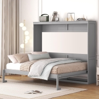 Queen Size Murphy Wall Bed with MDF & Plywood Construction, Fold-Away Cabinet Bed with Flexible Slat Support, 82'' L x 68'' W x 69'' H, Gray